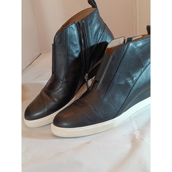 L Paolo Size 12 Med Wedge Sneaker Black Leather Platform Shoes Ankle Zip Bootie - Picture 13 of 14
